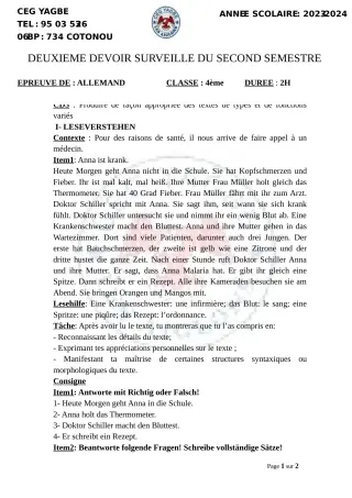 Première page de Allemand 4e — 2e devoir surveillé, 2e semestre (2023-2024) · CEG Yagbe