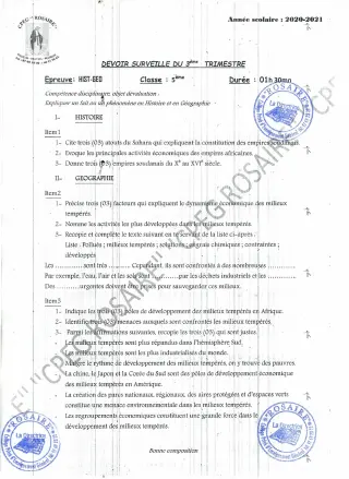 Première page de Histoire-Géographie 5e — 1er trimestre (2020-2021) · CPEG ROSAIRE