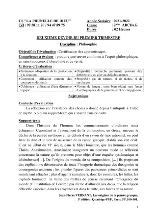 Première page de Philosophie 2nde B, 2nde D — Composition, 1er trimestre (2021-2022) · CEPG La Prunelle de Dieu