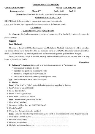 Première page de Anglais 6e, 5e, 4e, 4e ML, 3e, 3e ML, 2nde A & B, 2nde C, 2nde D, 1ère A & B, 1ère C, 1ère D, Tle A & B, Tle C, Tle D — 2e devoir surveillé, 1er semestre (2018-2019) · CEG 1 ZOGBODOMEY