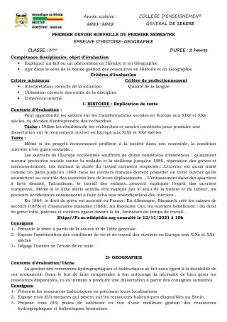 Première page de Histoire-Géographie 3e — 1er devoir surveillé, 1er semestre (2021-2022) · CEG SEKERE