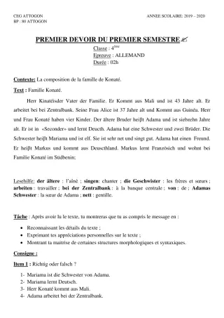 Première page de Allemand 4e ML — Composition, 1er semestre (2019-2020) · CEG Attogon