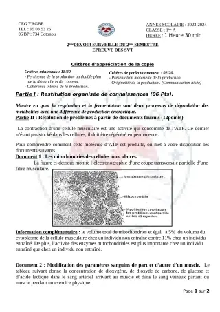 Première page de SVT 1ère A2 — Devoir surveillé, 2e semestre (2023-2024) · CEG Yagbe