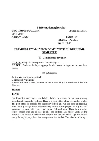 Première page de Anglais 6e, 5e, 4e, 4e ML, 3e, 3e ML, 2nde A & B, 2nde D — 1re évaluation sommative, 2e semestre (2018-2019) · CEG Ahossougbéta