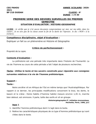 Première page de Histoire-Géographie 6e — 1er devoir surveillé, 1er semestre (2020-2021) · CEG PAHOU