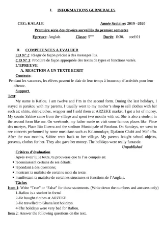 Première page de Anglais 5e — 1er devoir surveillé, 1er semestre (2019-2020) · CEG1 Kalalé