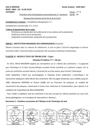 Première page de SVT 1ère D — Évaluation sommative, 1er semestre (2020-2021) · CEG LE NOKOUE