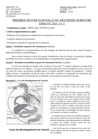 Première page de SVT 5e — 1er devoir surveillé, 2e semestre (2020-2021) · CEG FIYEGNON