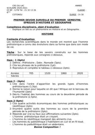 Première page de Histoire-Géographie 6e — 1er devoir surveillé, 1er semestre (2020-2021) · CEG du Lac