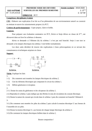Première page de PCT 6e — 1er devoir surveillé, 1er semestre (2019-2020) · CEG Kaïtèmè