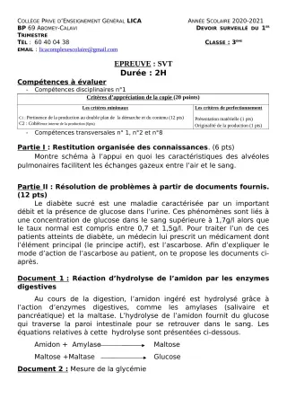 Première page de SVT 3e, 3e ML — 1er devoir surveillé, 1er trimestre (2020-2021) · CPEG LICA