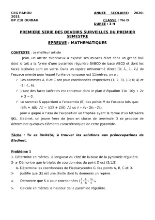 Première page de Mathématiques Tle D — 1er devoir surveillé, 1er semestre (2020-2021) · CEG PAHOU
