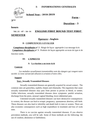 Première page de Devoir surveillé de ANGLAIS — 3e, 3e ML — CEG Sô-Ava (2018)