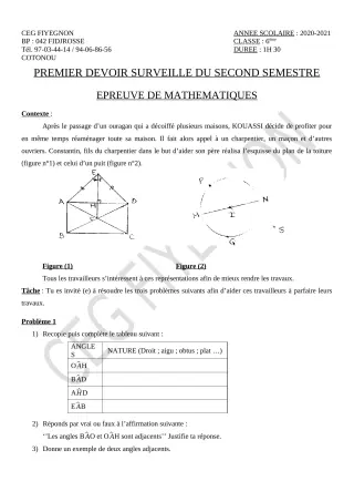 Première page de Mathématiques 6e — 1er devoir surveillé, 2e semestre (2020-2021) · CEG FIYEGNON
