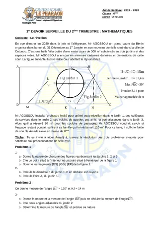 Première page de Mathématiques 6e — 1er devoir surveillé, 2e trimestre (2019-2020) · CPEG LE PHARAON