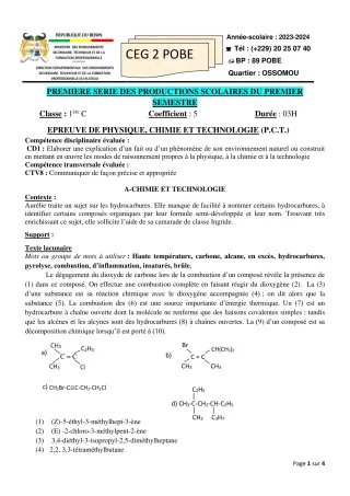 Première page de PCT 1ère C — 1re production scolaire, 1er semestre (2023-2024) · CEG 2 Pobè
