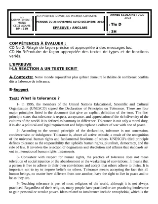 Première page de Anglais Tle D — 1er devoir surveillé, 1er semestre (2022-2023) · CEG1 AGAME