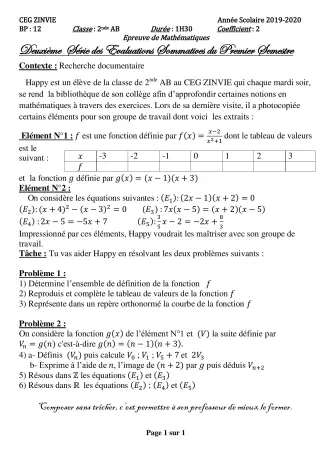 Première page de Mathématiques 2nde A, 2nde A2, 2nde B — 2e évaluation sommative, 1er semestre (2019-2020) · CEG Zinvié