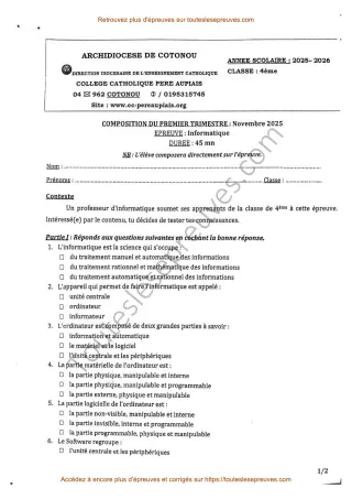 Première page de Informatique 4ème – Composition du 1er trimestre 2025-2026 – Matériel, logiciel, fichiers et mémoire (ROM - RAM) – Collège Catholique Père Aupiais