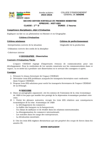 Première page de Histoire-Géographie 1ère D — 2e devoir surveillé, 1er semestre (2023-2024) · CEG SEKERE