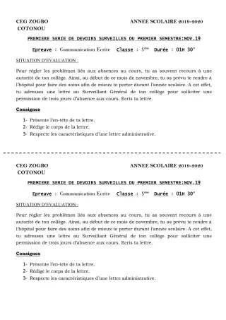 Première page de Français 5e — 1er devoir surveillé, 1er semestre (2019-2020) · CEG ZOGBO