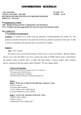 Première page de Anglais 6e, 5e, 4e, 4e ML, 3e, 3e ML — 2e devoir surveillé, 1er semestre (2019-2020) · CEG ADJAGBO