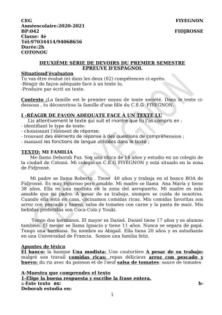 Première page de Espagnol 4e — 2e devoir surveillé, 1er semestre (2020-2021) · CEG FIYEGNON