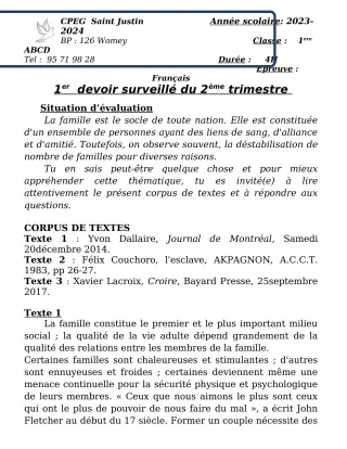 Première page de Français 3e, 1ère A2, 1ère B, 1ère C, 1ère D — 1er devoir surveillé, 2e trimestre (2023-2024) · CPEG SAINT Justin
