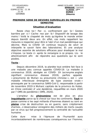 Première page de Français 3e, 3e ML — 1er devoir surveillé, 1er semestre (2020-2021) · CEG Kouhounou-Vêdoko