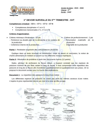 Première page de SVT 5e — 1er devoir surveillé, 3e trimestre (2019-2020) · CPEG LE PHARAON