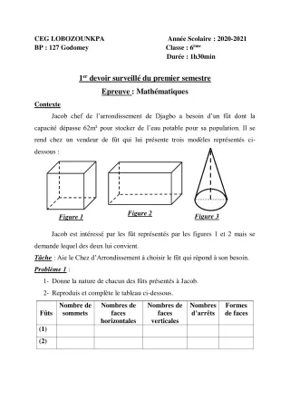 Première page de Mathématiques 6e — 1er devoir surveillé, 1er semestre (2020-2021) · CEG Lobozounkpa