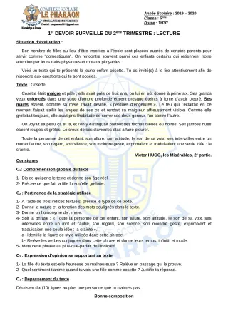 Première page de Français 5e — 1er devoir surveillé, 2e trimestre (2019-2020) · CPEG LE PHARAON