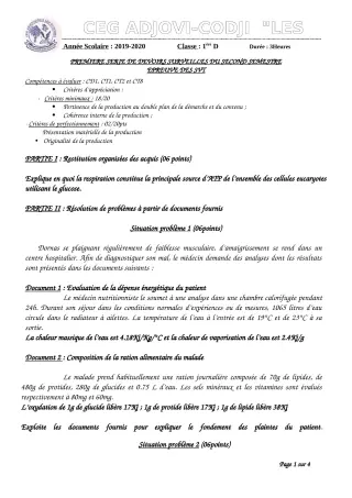 Première page de SVT 1ère D — 1er devoir surveillé, 2e semestre (2019-2020) · CEG ADJOVICODJI 'LES OLIVIERS'