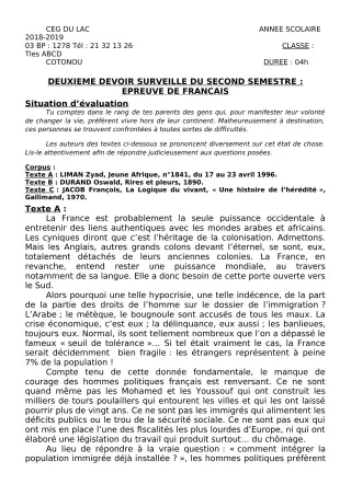 Première page de Français Tle A2, Tle B, Tle C, Tle D — 2e devoir surveillé, 2e semestre (2018-2019) · CEG du Lac