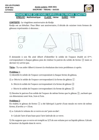 Première page de Mathématiques 6e, 4e, 2nde A & B, 2nde A1, 2nde A2, 2nde B, 2nde C, 2nde D, 1ère A1, 1ère A2, 1ère B, 1ère D, Tle A1, Tle A2, Tle B, Tle D — 1er devoir surveillé, 1er semestre (2020-2021) · CEG Les Py
