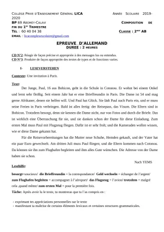 Première page de Allemand 2nde A2, 2nde B, Tle A2, Tle B — Composition, 1er trimestre (2019-2020) · CPEG LICA