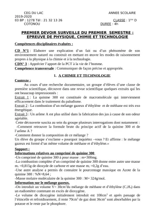 Première page de PCT 1ère D — 1er devoir surveillé, 1er semestre (2019-2020) · CEG du Lac