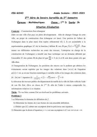 Première page de Mathématiques 1ère D — 2e devoir surveillé, 2e semestre (2022-2023) · CEG GOHO