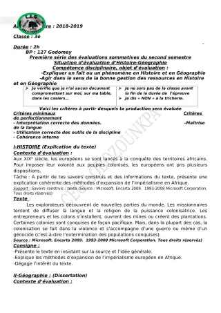 Première page de Histoire-Géographie 3e, 3e ML — 1re évaluation sommative, 2e semestre (2018-2019) · CEG Lobozounkpa