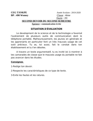 Première page de Français 4e, 4e ML — 2e devoir surveillé, 2e semestre (2019-2020) · CEG Tankpè