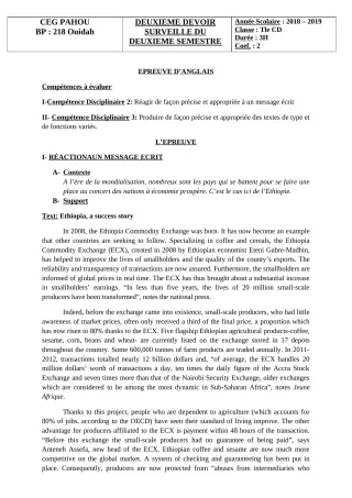 Première page de Anglais Tle C, Tle D — 2e devoir surveillé, 2e semestre (2018-2019) · CEG PAHOU