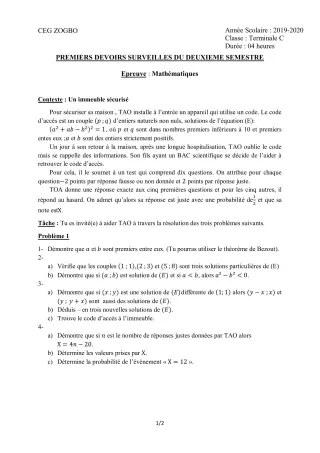 Première page de Mathématiques Tle C — Devoir surveillé, 2e semestre (2019-2020) · CEG ZOGBO