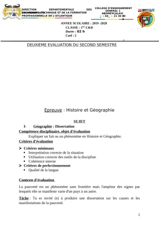 Première page de Histoire-Géographie 1ère C, 1ère D — 2e semestre (2019-2020) · CEG1 Abomey-Calavi