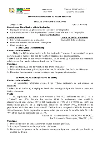 Première page de Histoire-Géographie 4e — 2e devoir surveillé, 2e semestre (2021-2022) · CEG SEKERE