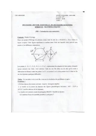 Première page de Mathématiques 5e — 2e devoir surveillé, 2e semestre (2019-2020) · CEG ADJAGBO