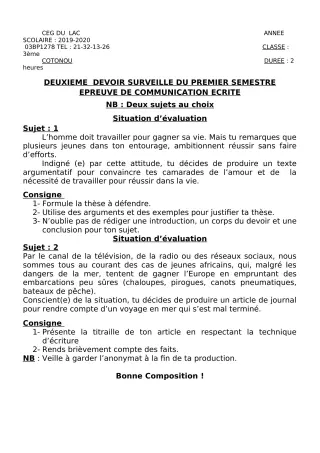 Première page de Français 3e, 3e ML — 2e devoir surveillé, 1er semestre (2019-2020) · CEG du Lac