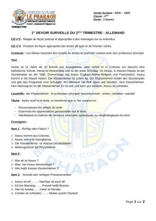 Première page de Allemand 4e ML, Tle A, Tle B — 1er devoir surveillé, 2e trimestre (2019-2020) · CPEG LE PHARAON