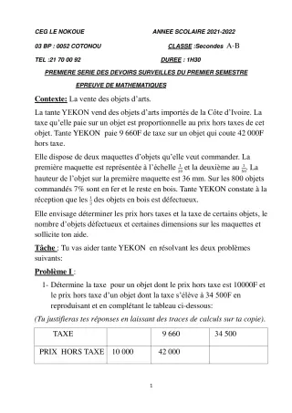 Première page de Mathématiques 2nde A1, 2nde A2, 2nde B — 1er devoir surveillé, 1er semestre (2021-2022) · CEG LE NOKOUE