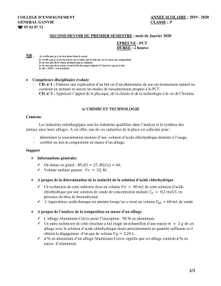 Première page de PCT 3e — Composition, 1er semestre (2019-2020) · CEG Ganvié