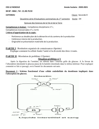 Première page de SVT 2nde D — Évaluation sommative, 1er semestre (2020-2021) · CEG LE NOKOUE